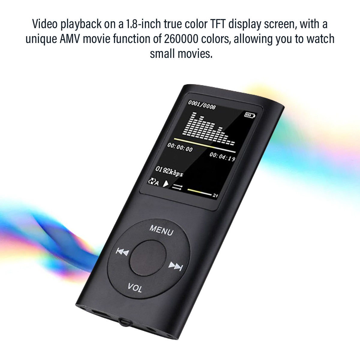 Ein schwarzer MP3-Player mit Bildschirm, der Musikinformationen anzeigt. Hat Steuertasten für Menü, Lautstärke und Wiedergabe. Weißer und farbiger Hintergrund.