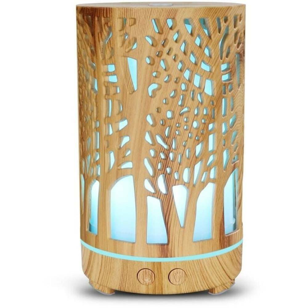 Ein hölzerner Diffusor für ätherische Öle. Er hat ein baumartiges Design mit blauem Licht. Zwei Knöpfe unten.
