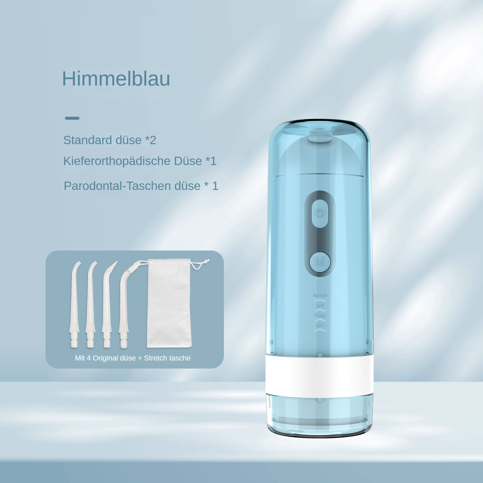 Ein blaues Wasserflossgerät mit Zubehör. Enthält Flossspitzen und einen kleinen Beutel, alles auf hellblauem Hintergrund.