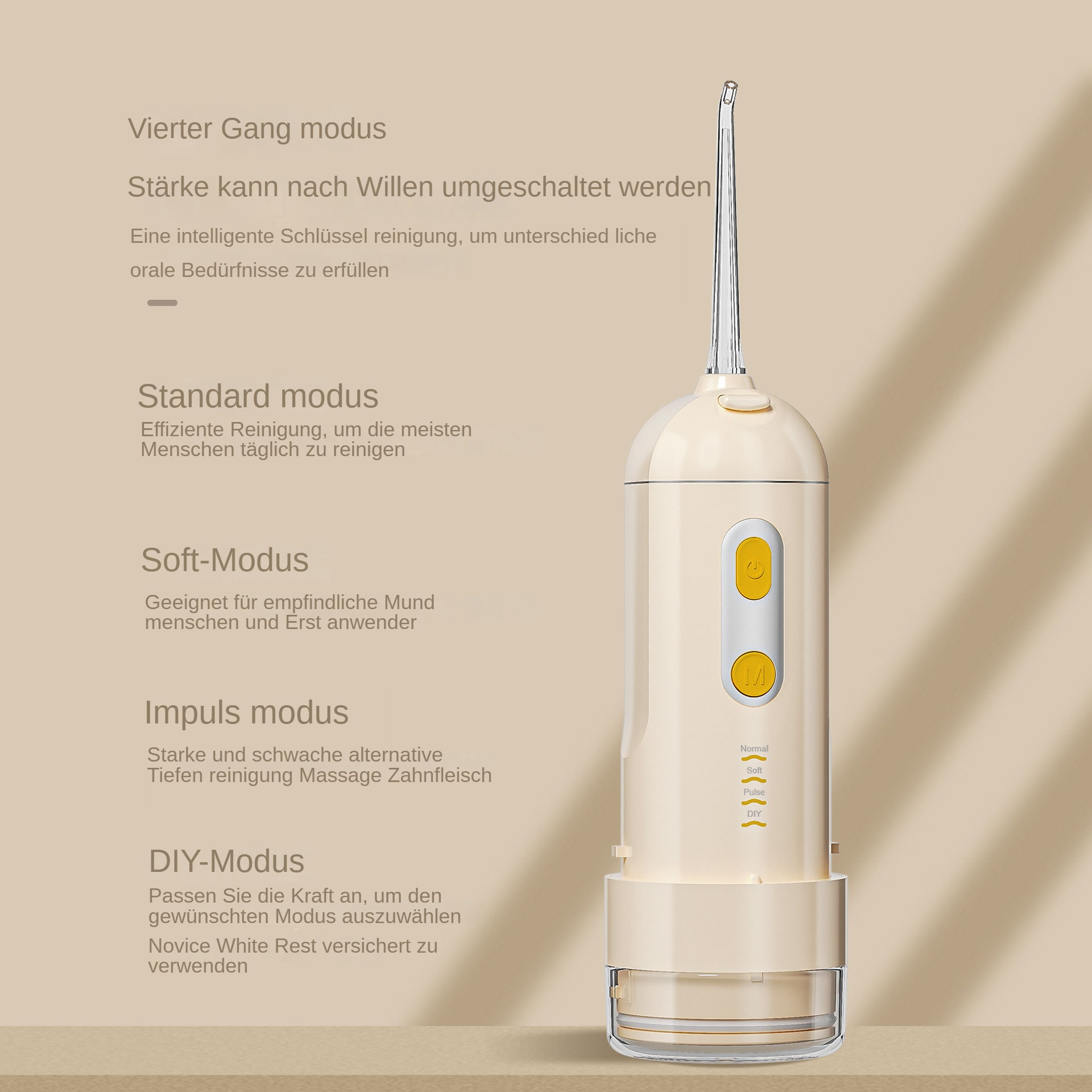 Elfenbeinfarbener Munddusche mit Modusoptionen und einem durchsichtigen Wasserreservoir. Text auf Deutsch beschreibt Modi.
