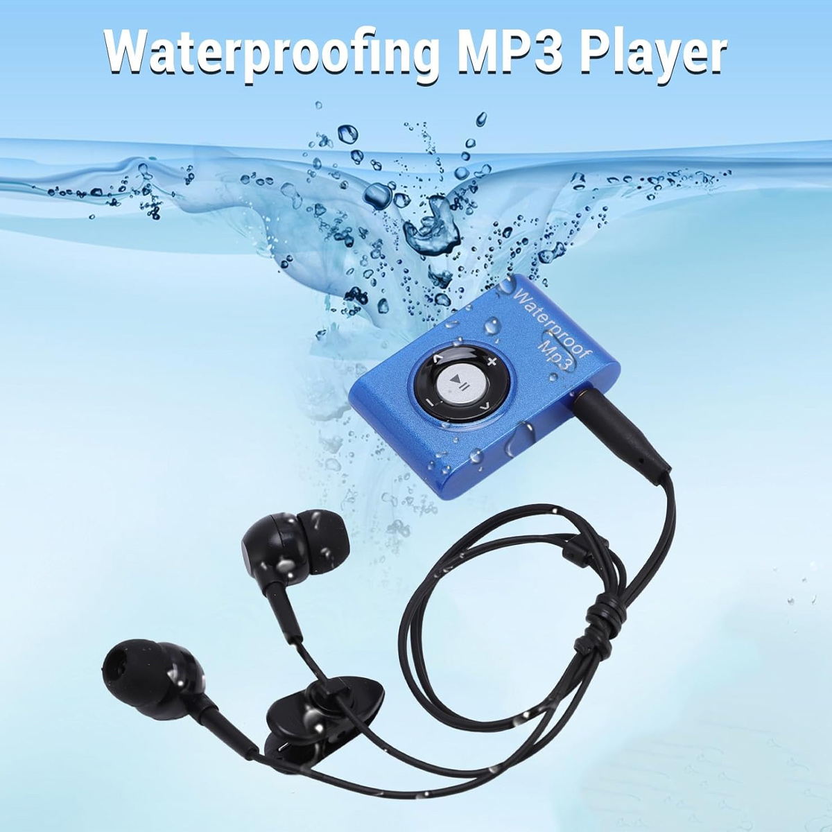 Blauer wasserdichter MP3-Player mit schwarzen Ohrhörern. Wassertropfen sind sichtbar. Text: 'Waterproofing MP3 Player'.