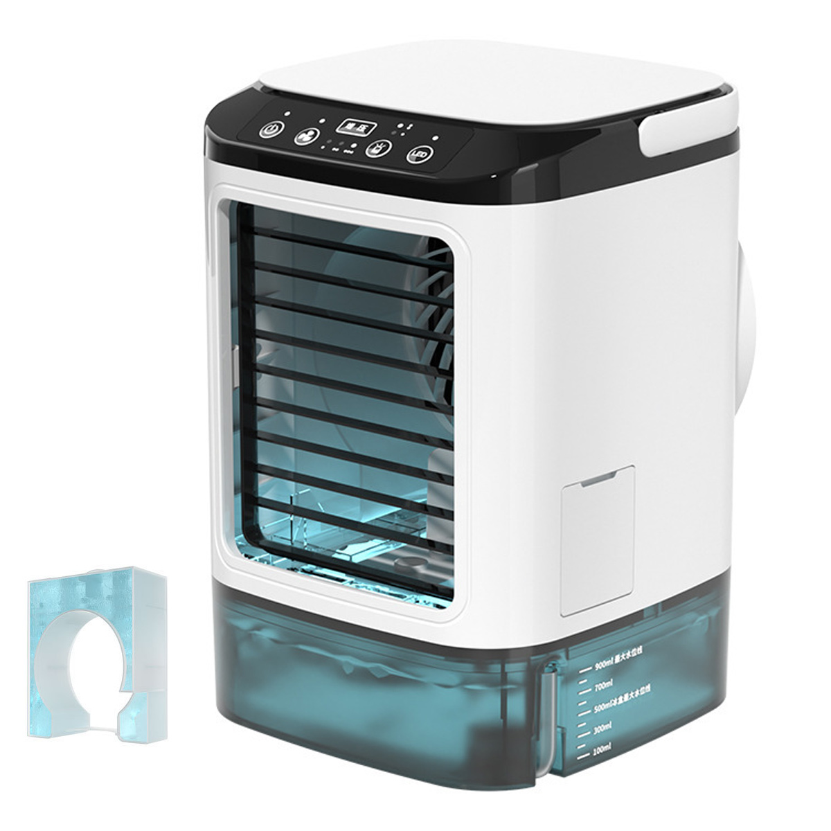 Ein weiß-schwarzer Luftkühler. Er hat einen Wassertank mit Füllstandsanzeigen. Links ist ein blauer Eisblock.