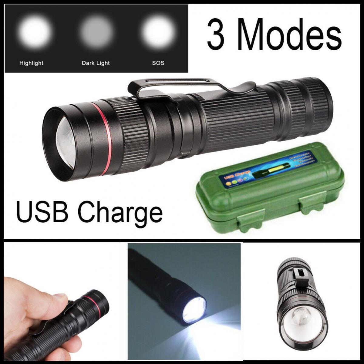 Eine schwarze Taschenlampe mit roten Akzenten. Verfügt über drei Modi: Highlight, Dunkles Licht und SOS. Inklusive grünem Koffer und USB-Laden.