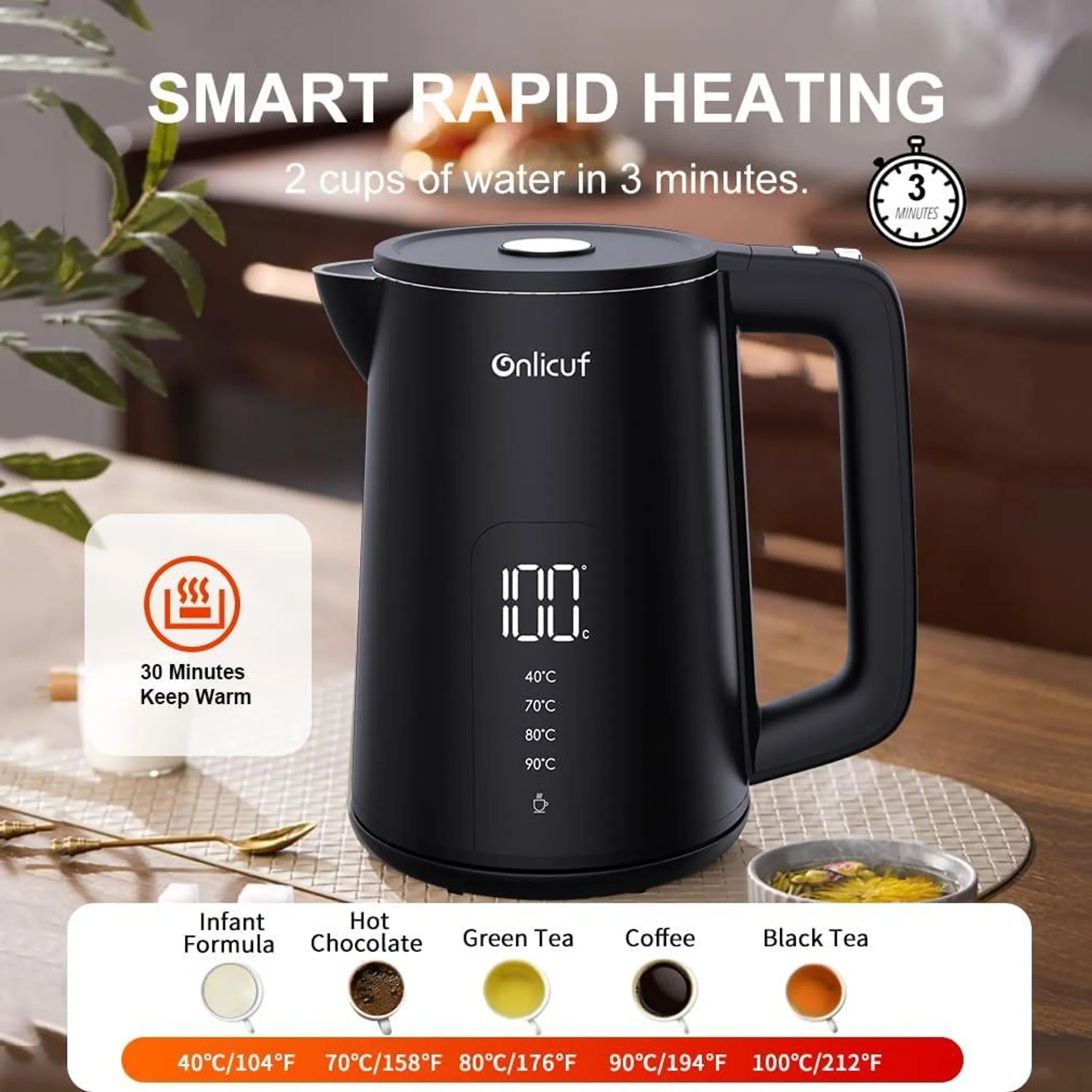 Schwarzer Wasserkocher mit Digitalanzeige. Einstellungen für verschiedene Getränke. Text: 'Smart Rapid Heating'.