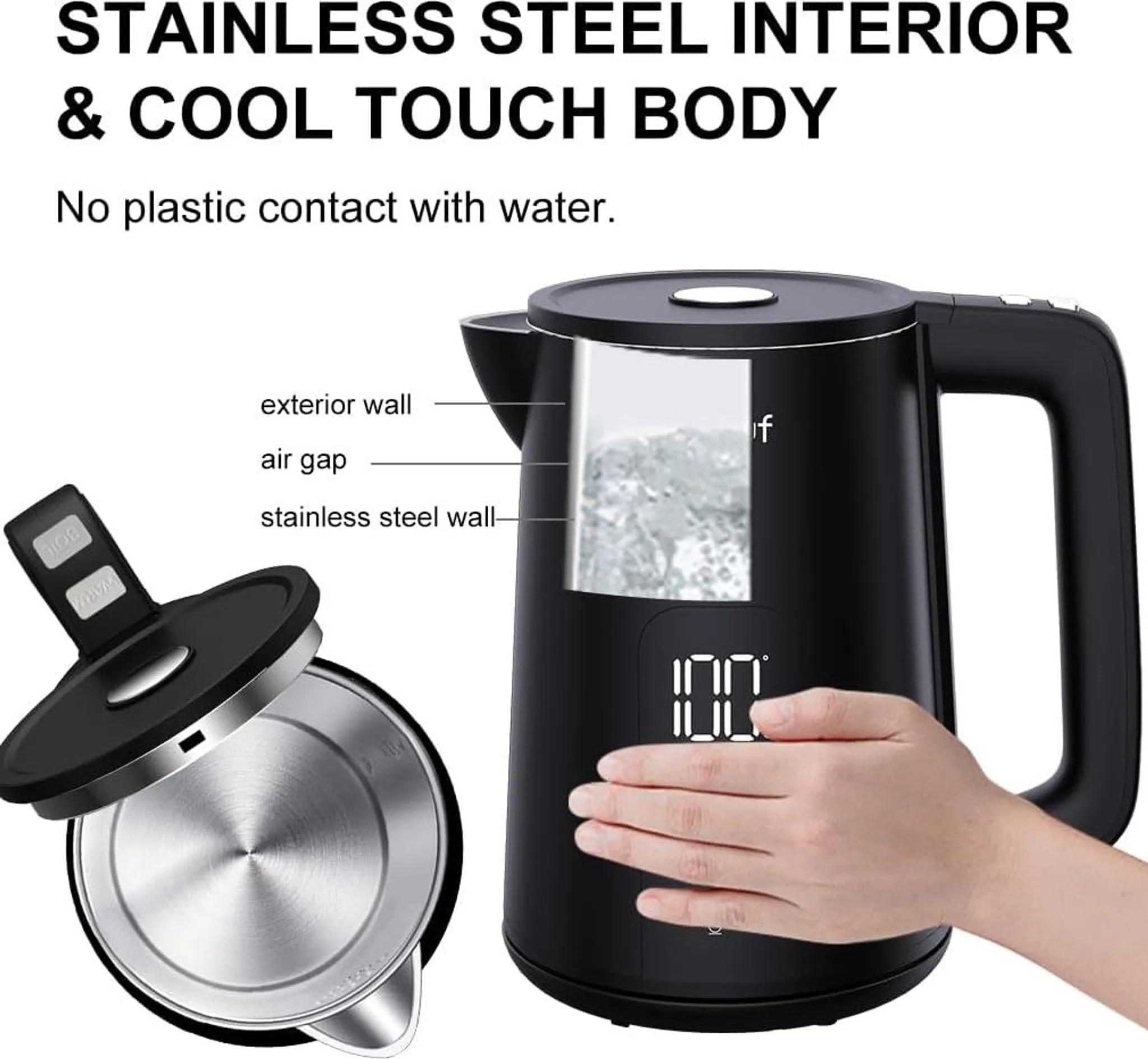 Ein schwarzer Wasserkocher mit digitaler Anzeige. Der Deckel ist geöffnet und gibt den Edelstahl-Innenraum frei.