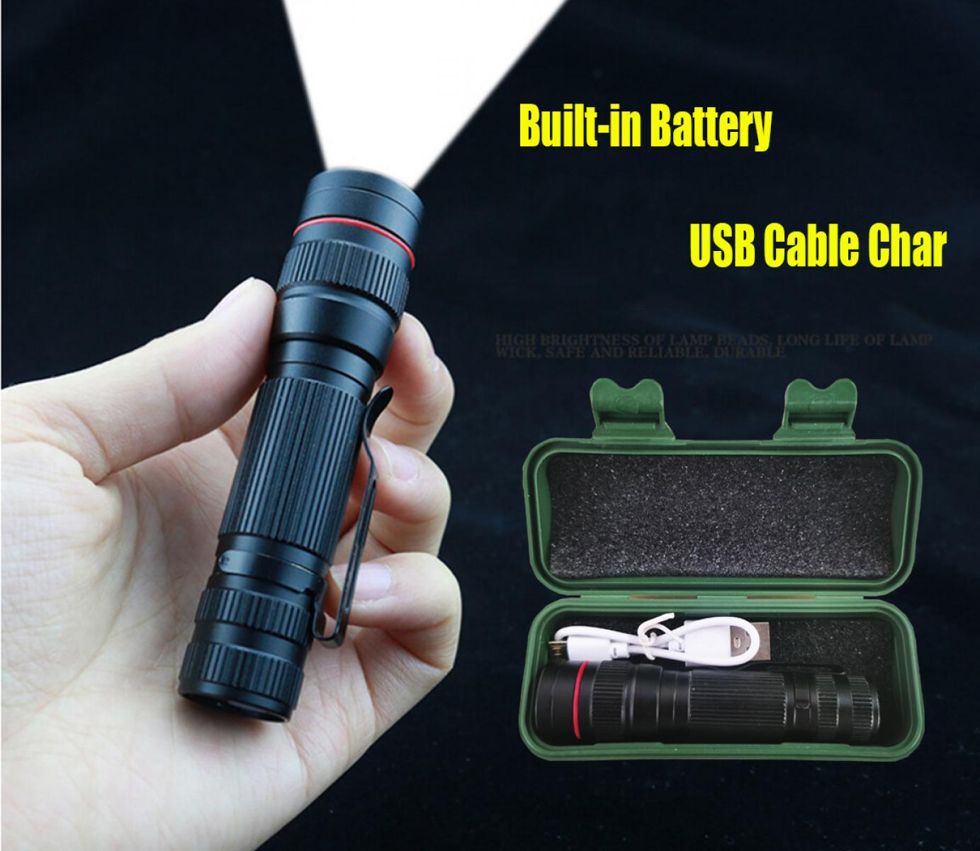 Eine Hand hält eine schwarze Taschenlampe, die leuchtet. Ein grüner Koffer enthält eine weitere Taschenlampe und ein USB-Kabel. Text: Eingebaute Batterie, USB-Kabel.