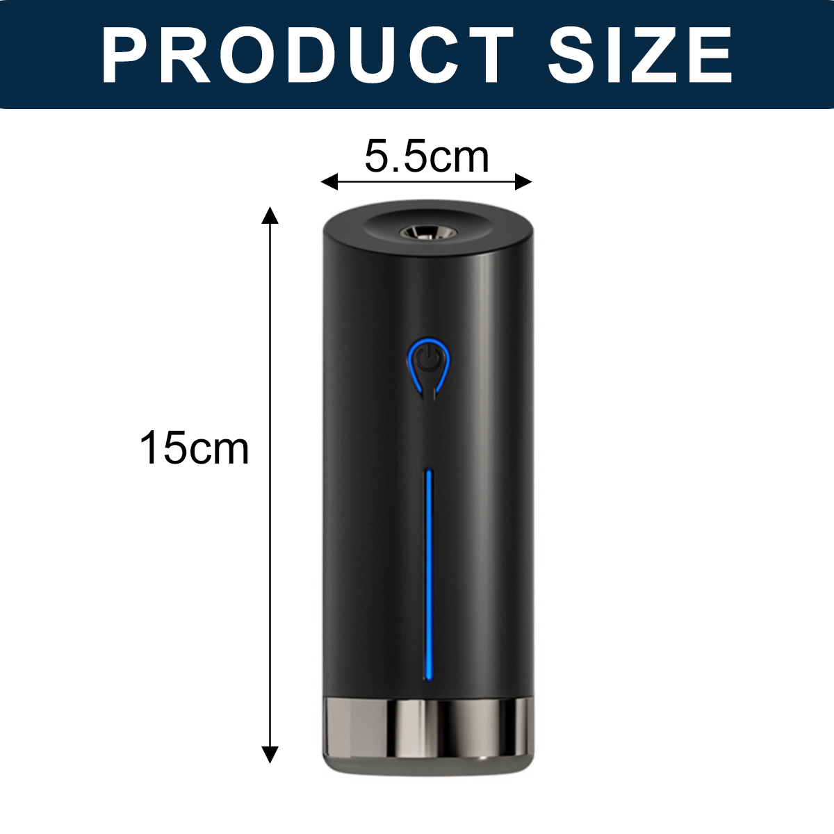 Ein schwarzes zylindrisches Produkt mit blauem Licht und Power-Taste, Abmessungen 15 cm x 5,5 cm, als Produktgröße gekennzeichnet.