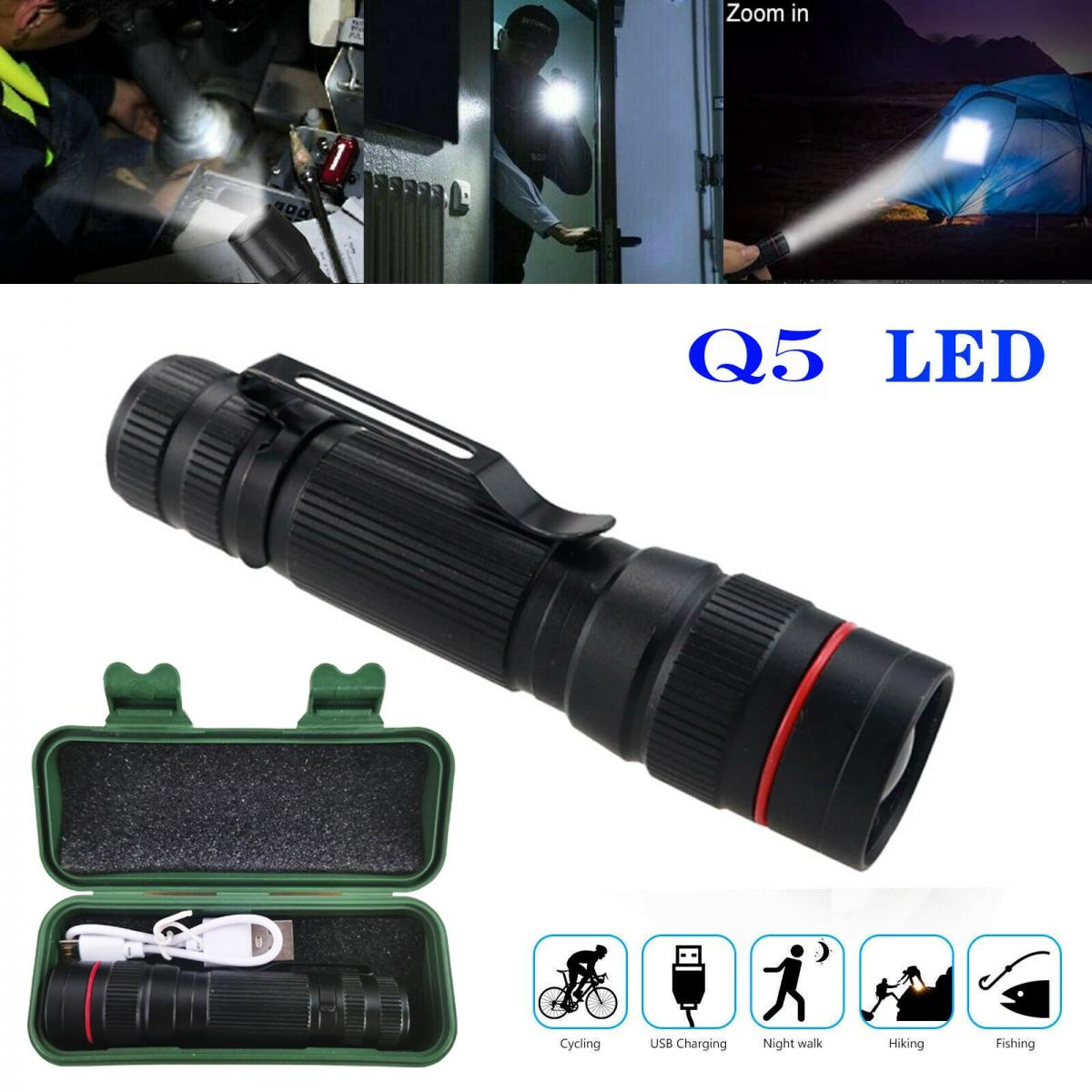Eine schwarze Q5 LED-Taschenlampe mit rotem Ring, in einem grünen Koffer, mit Nutzungssymbolen für Radfahren, Nachtwanderung, Wandern und Angeln.