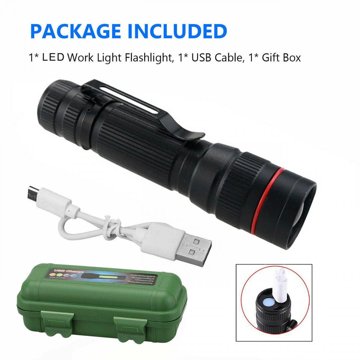 Das Bild zeigt eine schwarze LED-Taschenlampe, ein USB-Kabel und eine grüne Geschenkbox. Im Paket enthalten.