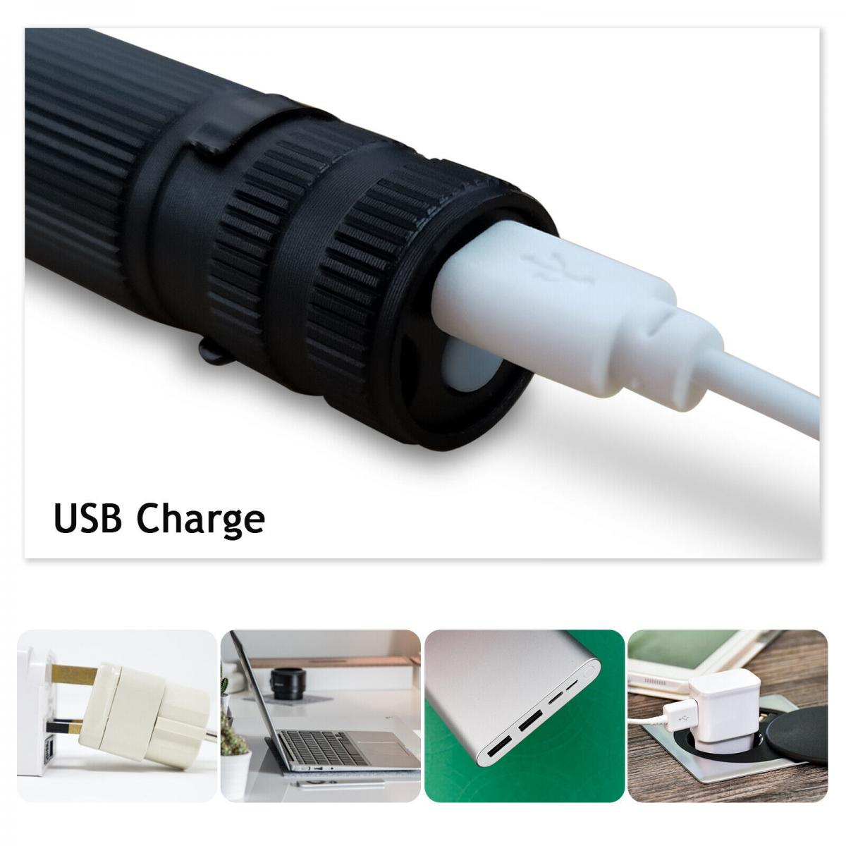 Schwarzes zylindrisches Gerät mit einem weißen USB-Kabel. Die Worte "USB Charge" stehen unten.
