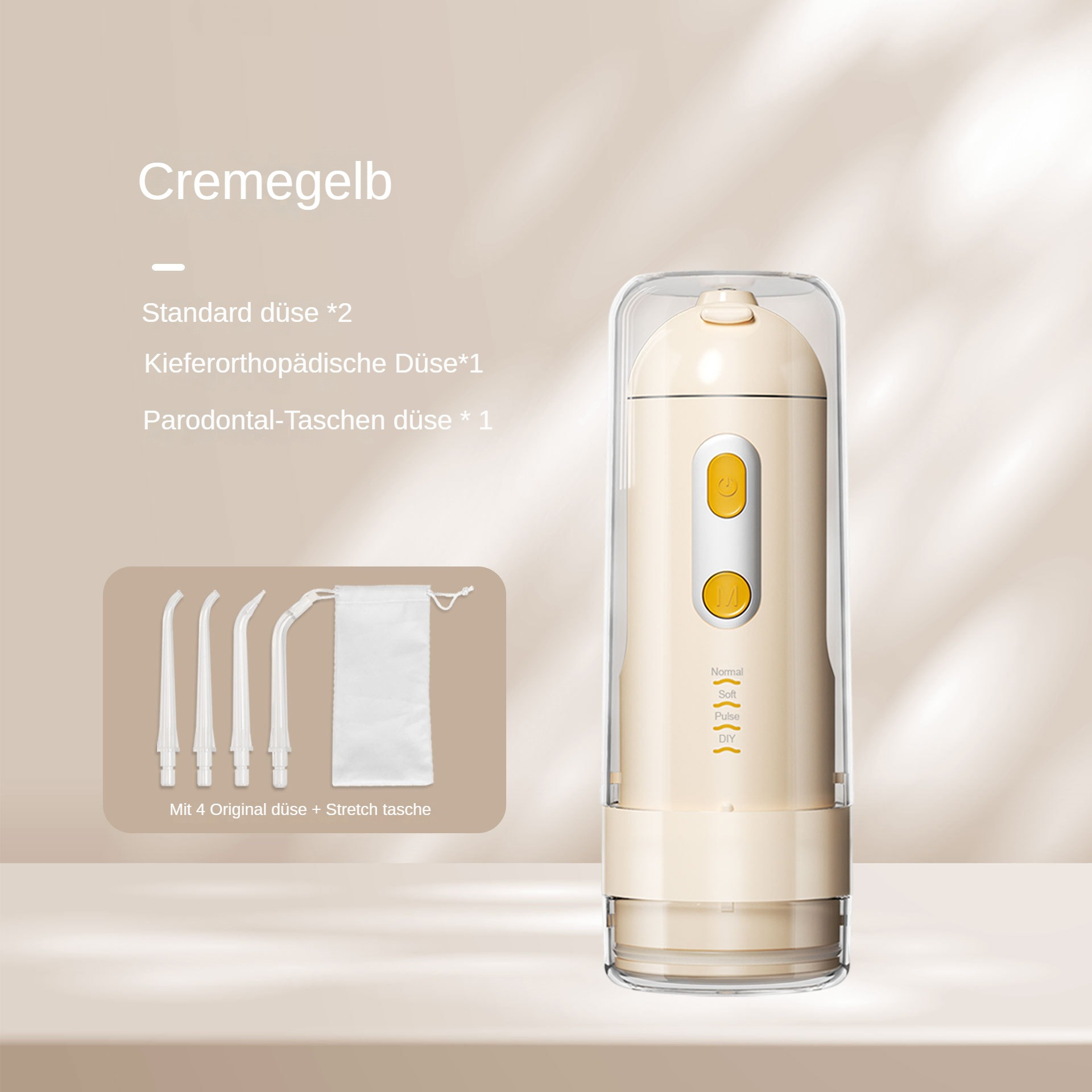 Ein cremefarbener Wasserfloßer mit Düsen und einem Beutel wird angezeigt, beschriftet als Cremegelb. Eine klare Abdeckung schützt den Floßer.