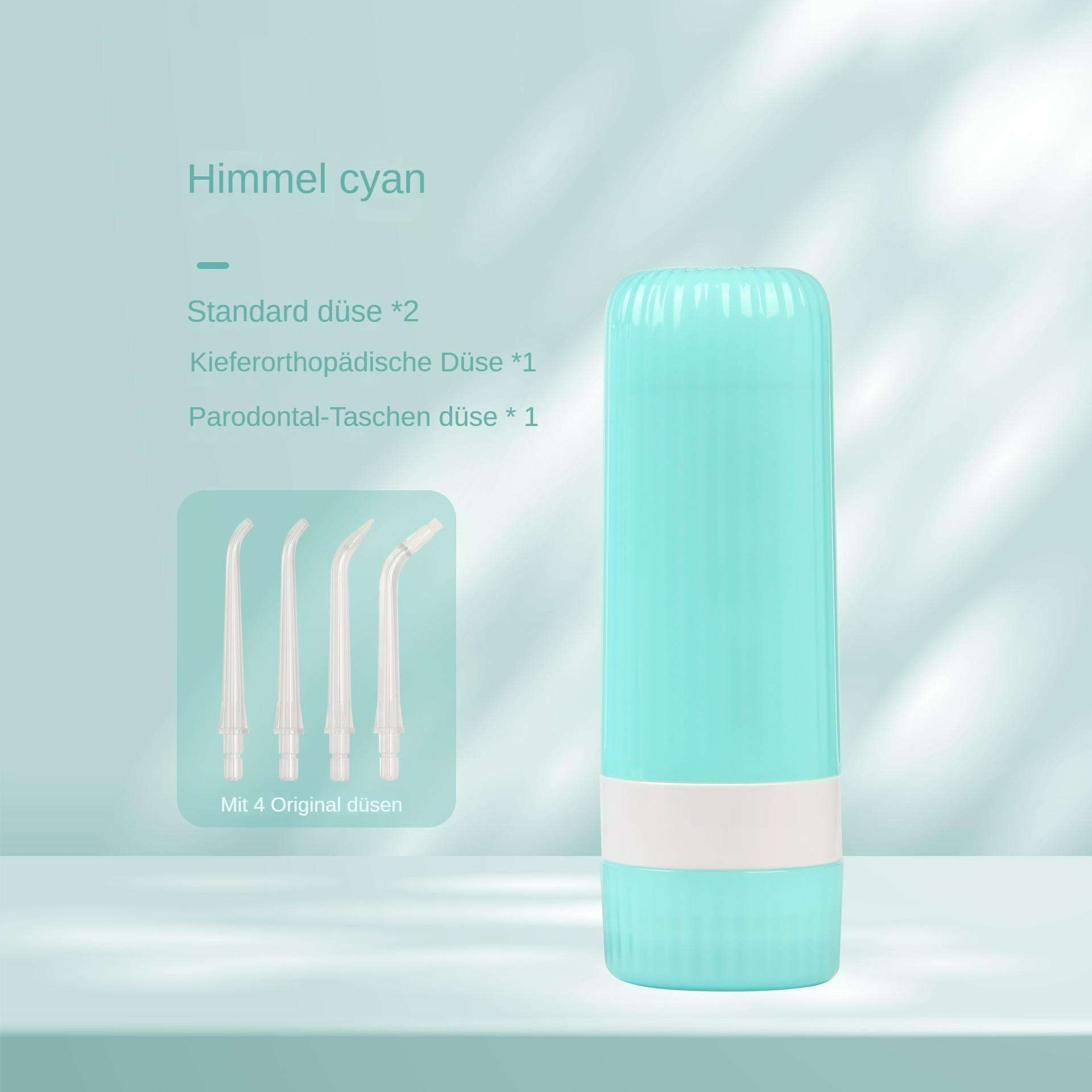 Ein cyanfarbener Munddusche mit vier Düsen und dem Text 'Himmel cyan'. Weißes und cyanfarbenes Farbschema.