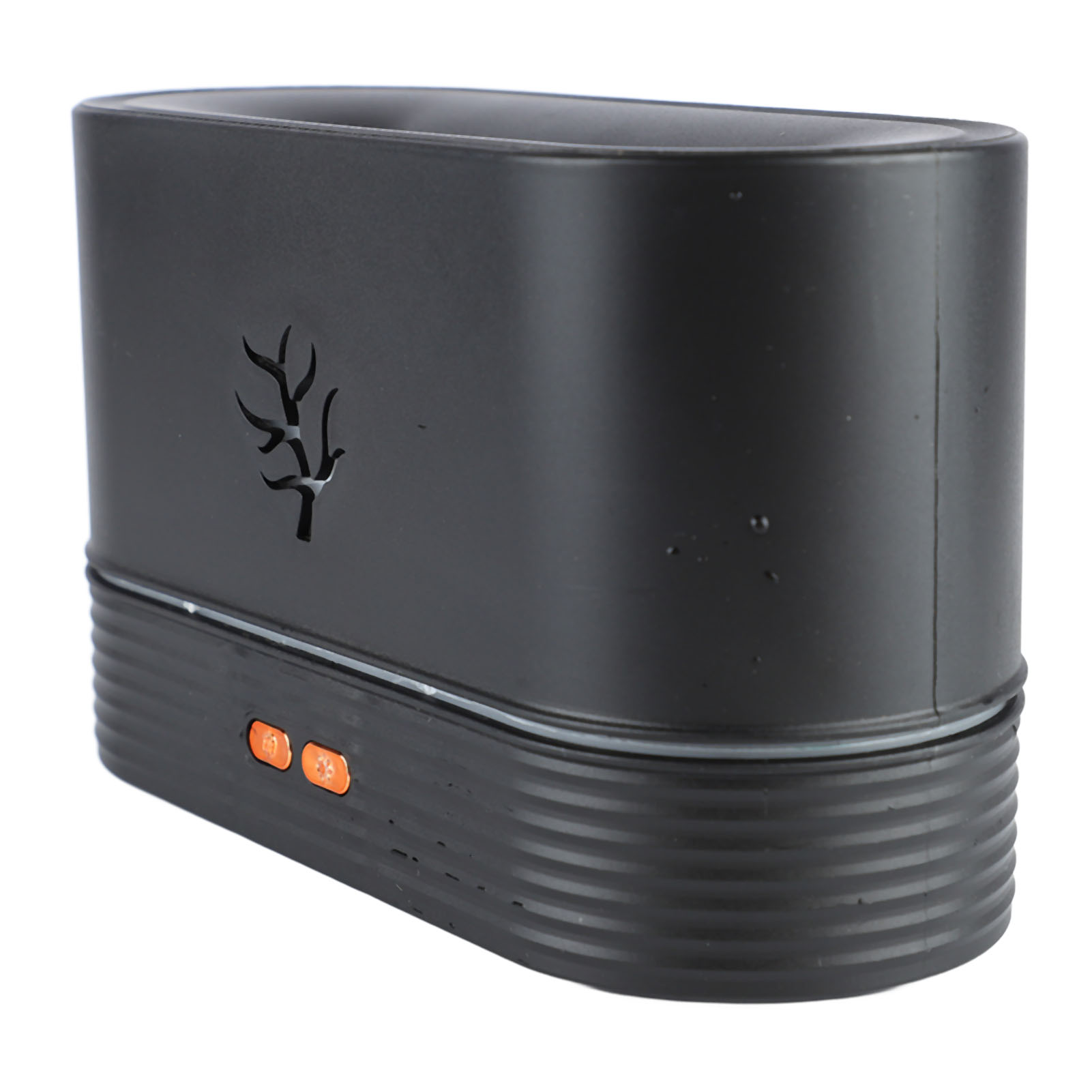 Ein schwarzes rechteckiges Gerät mit einer orangefarbenen Taste. Es hat ein baumartiges Design. Gerippte Basis.