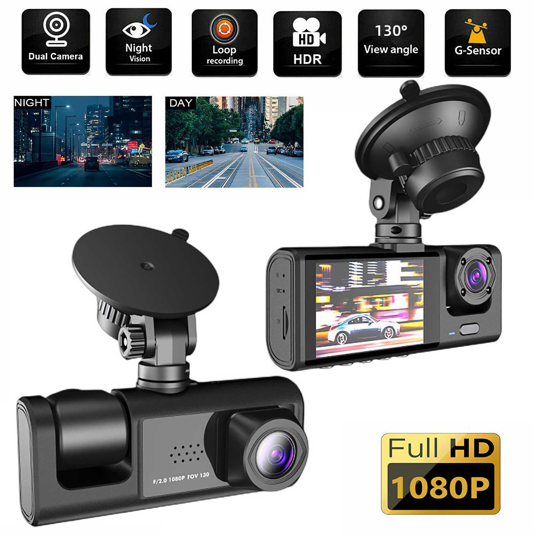 Ein Auto-Dashcam mit mehreren Funktionen, einschließlich Dual-Kamera, Nachtsicht und Loop-Aufnahme, mit einem Auto auf dem Display.