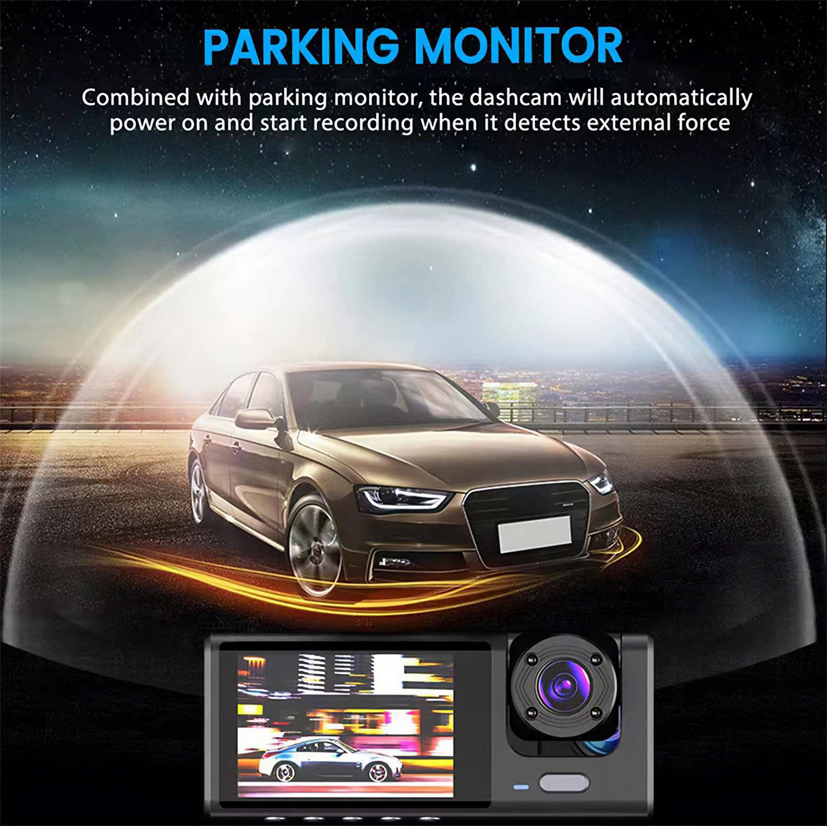 Das Bild zeigt ein Auto mit einer Dashcam. Die Dashcam hat einen Bildschirm, der ein Auto anzeigt. Der Text lautet 'Parking Monitor'.