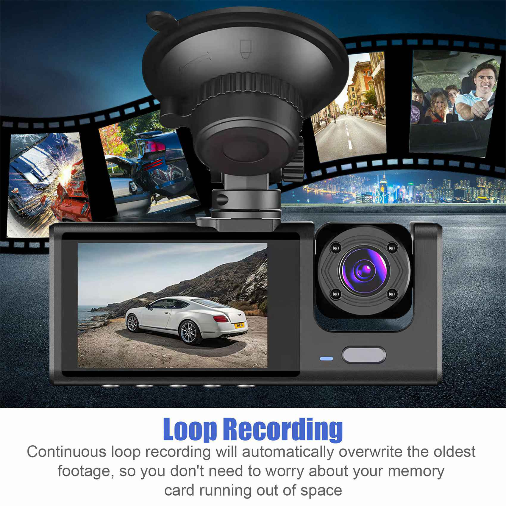 Auto-Dashcam mit Bildschirm, der ein weißes Auto zeigt. Filmstreifen zeigen Autounfälle und Stadtszenen.