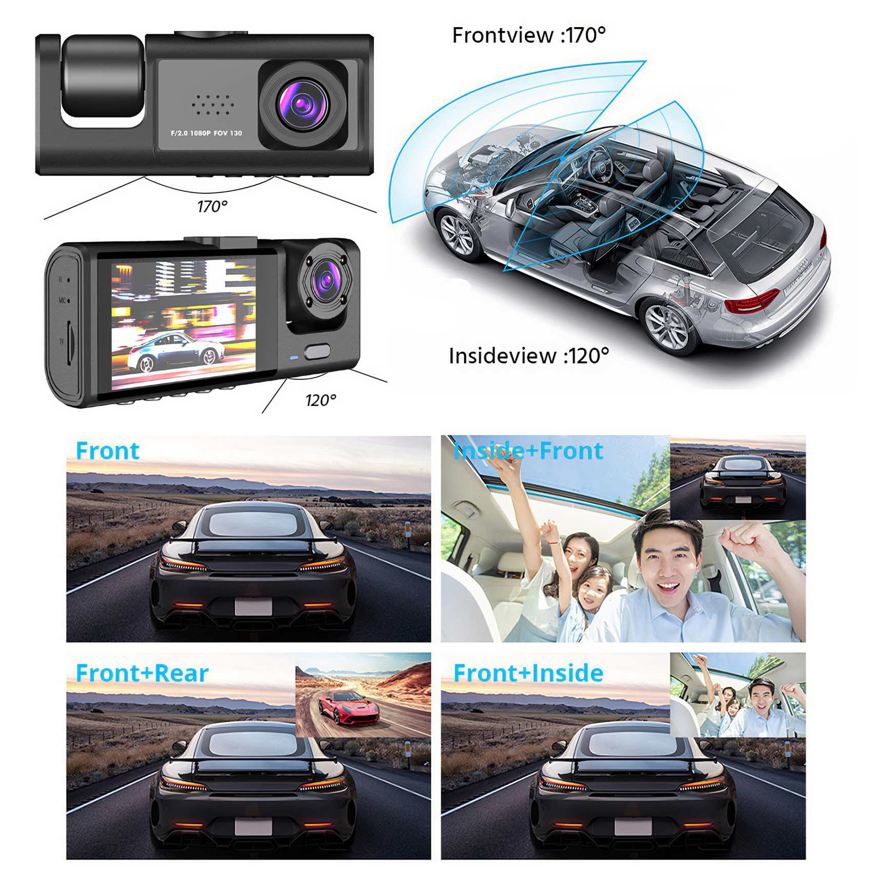 Mulcort 1080p DVR-dashcamera, 3-lens camera voor, binnen en achter, rijrecorder, 2 inch scherm, dashcam, ondersteunt nachtzicht/bewegingsdetectie/loop-opname