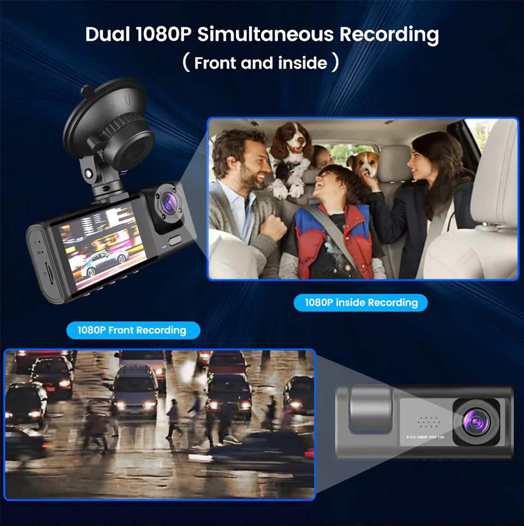 Dashcam mit Dual-Recording-Funktion. Zeigt Vorder- und Innenansicht. Enthält Autos, Personen und Hunde im Auto.