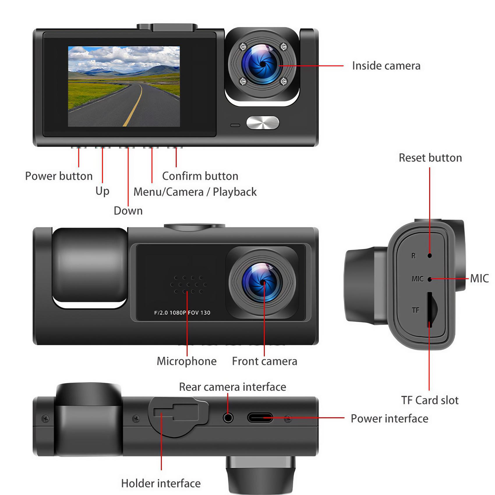 Schwarze Dashcam mit Beschriftungen für Tasten, Kamerakomponenten und Schnittstellen. Enthält einen Straßenblick.
