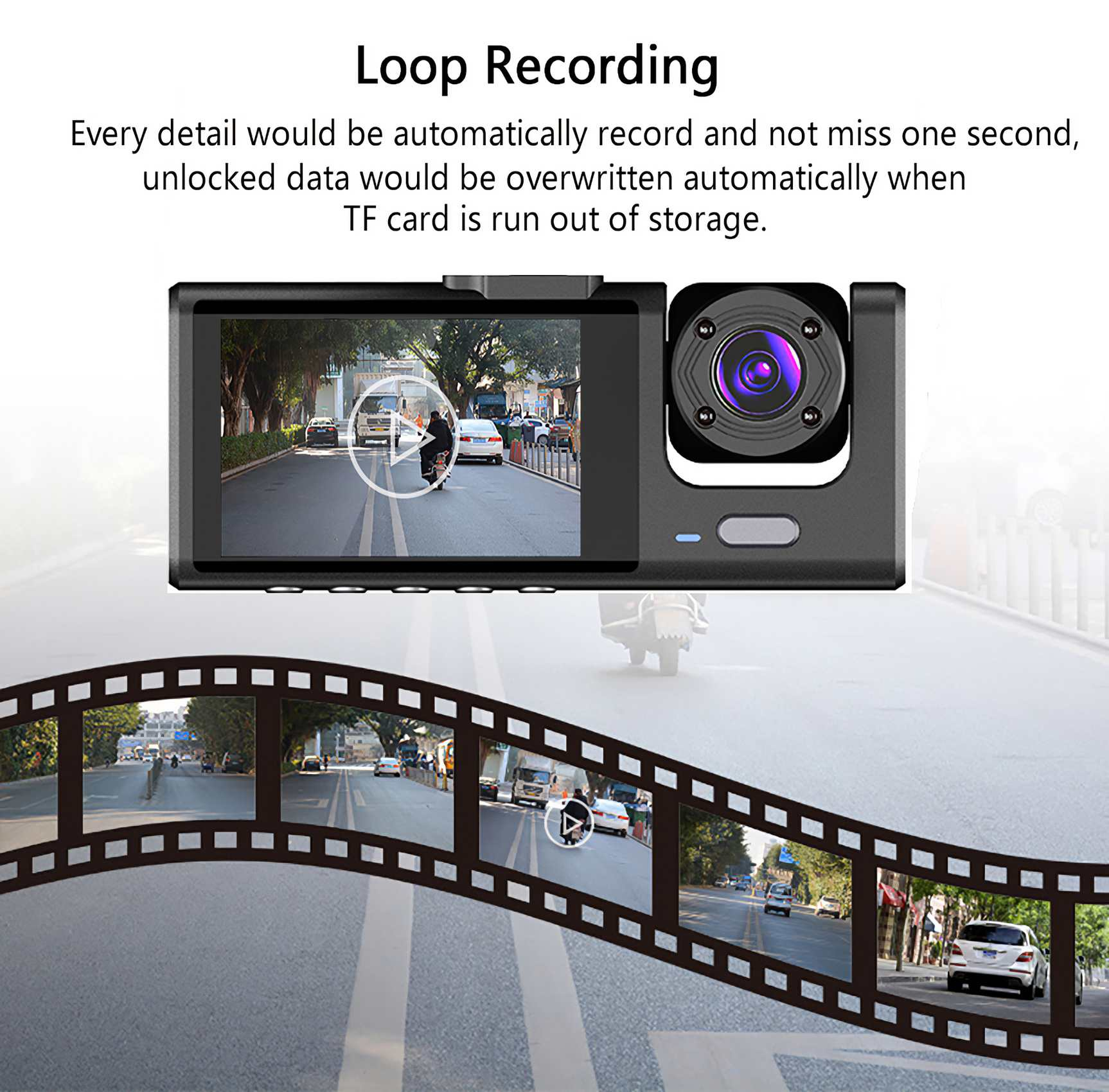 Dashcam mit Bildschirm, der eine Straßenszene zeigt, Filmeffekt darunter. Text sagt Loop-Aufnahme.