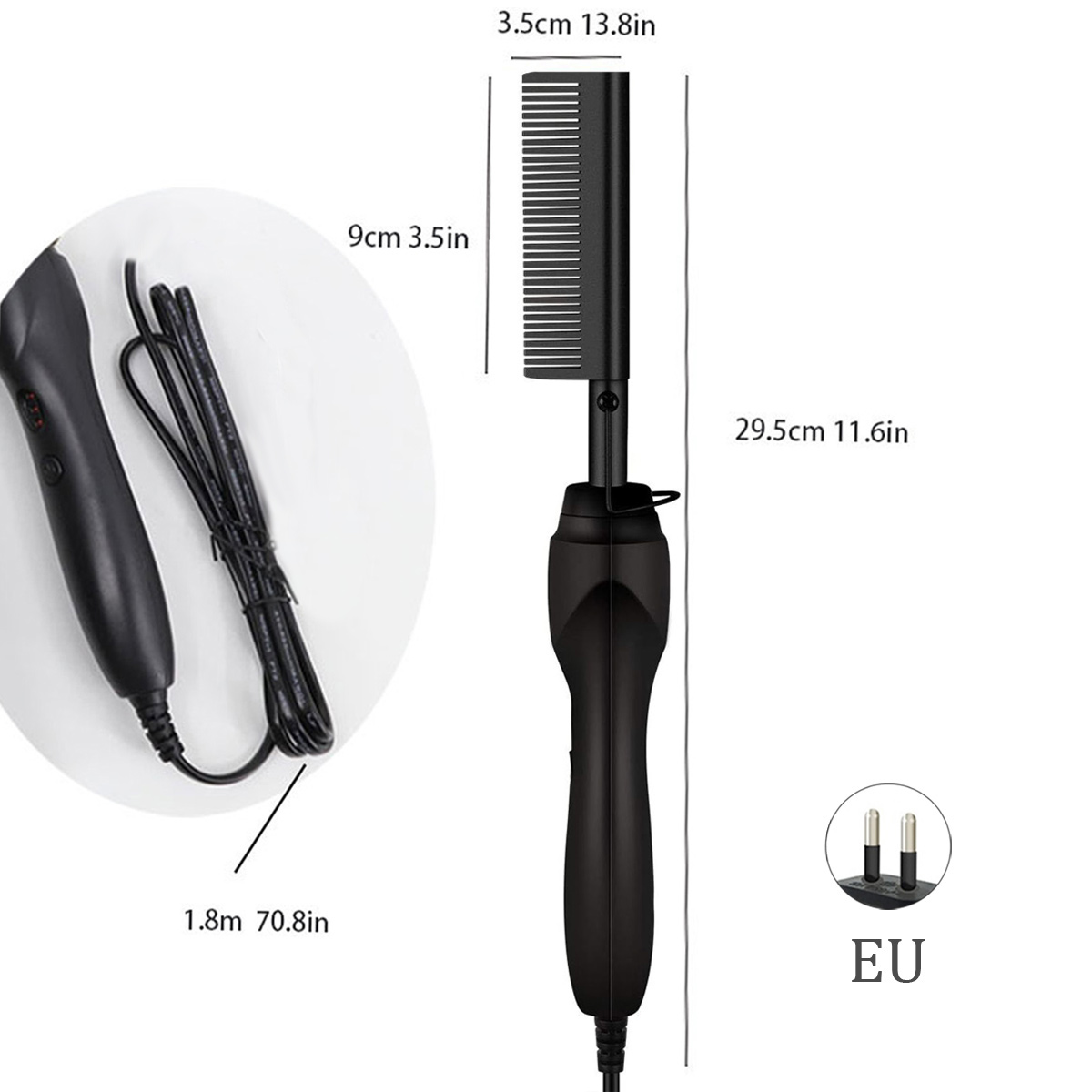 Ein schwarzer Haarglättungskamm mit langem Griff und Kammkopf. Ein Netzkabel ist befestigt. EU-Stecker ist abgebildet.