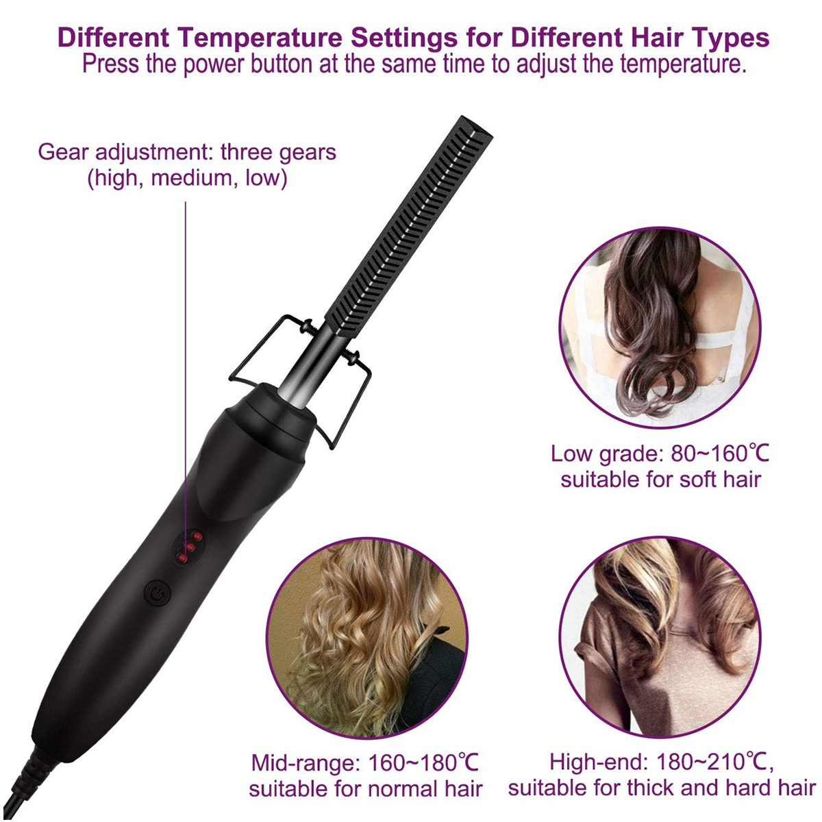 Das Bild zeigt einen Haarglätter mit Temperatureinstellungen. Es gibt drei Heizstufen für verschiedene Haartypen: weich, normal und dick.