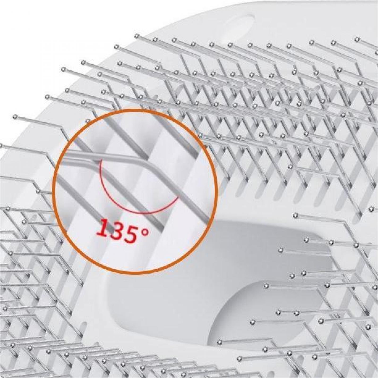 Ein weißer, kreisförmiger Sockel mit Metallzinken. Ein 135-Grad-Winkel wird hervorgehoben. Der Hintergrund ist weiß.
