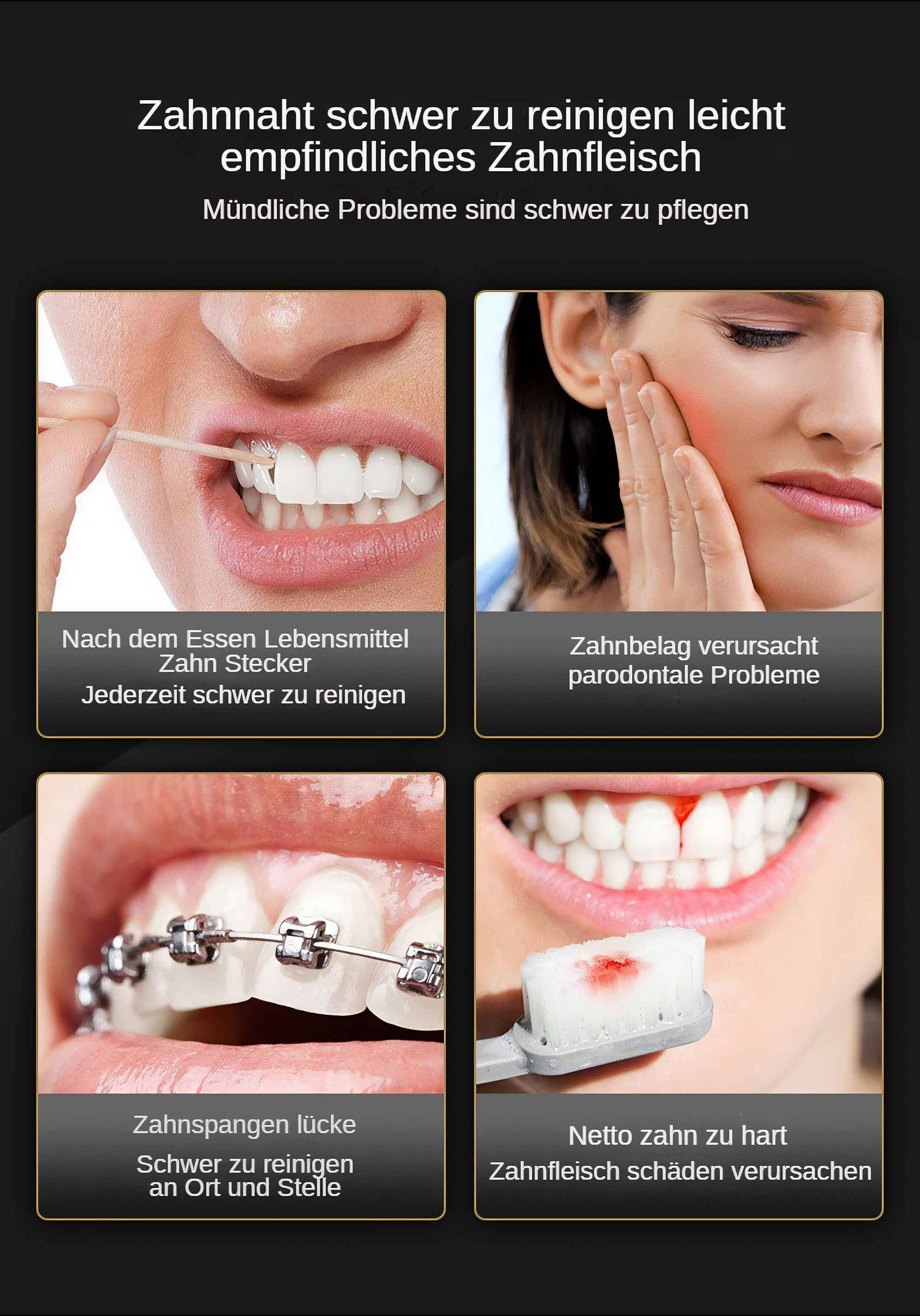 Das Bild zeigt Zahnprobleme: Essensreste, Plaque, Lücken in der Zahnspange und Zahnfleischschäden durch Putzen.