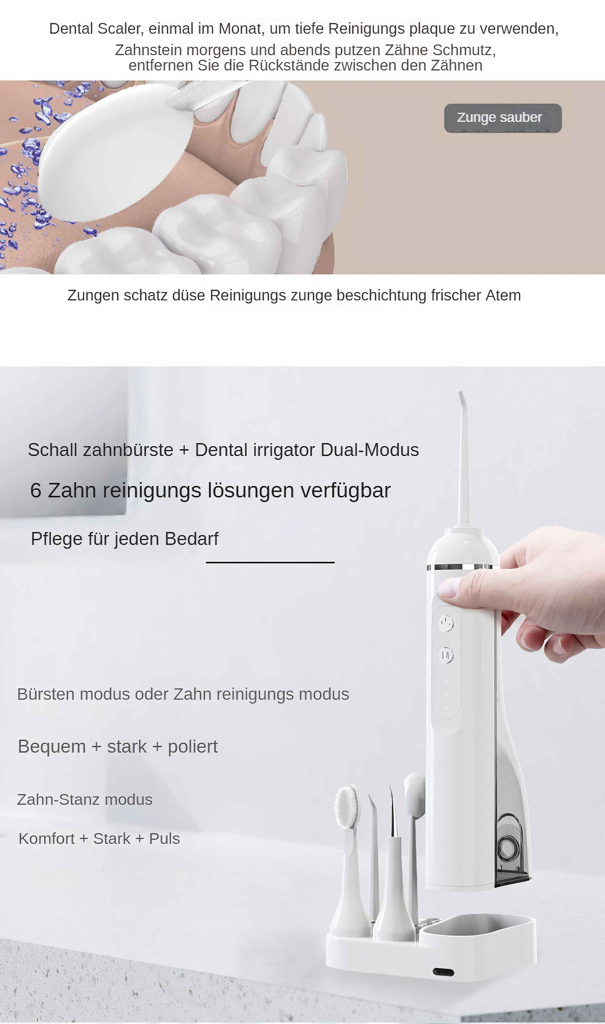Das Bild zeigt Mundhygieneprodukte. Eine Hand hält einen weißen Munddusche. Das Bild enthält Zahnwerkzeuge und Text.