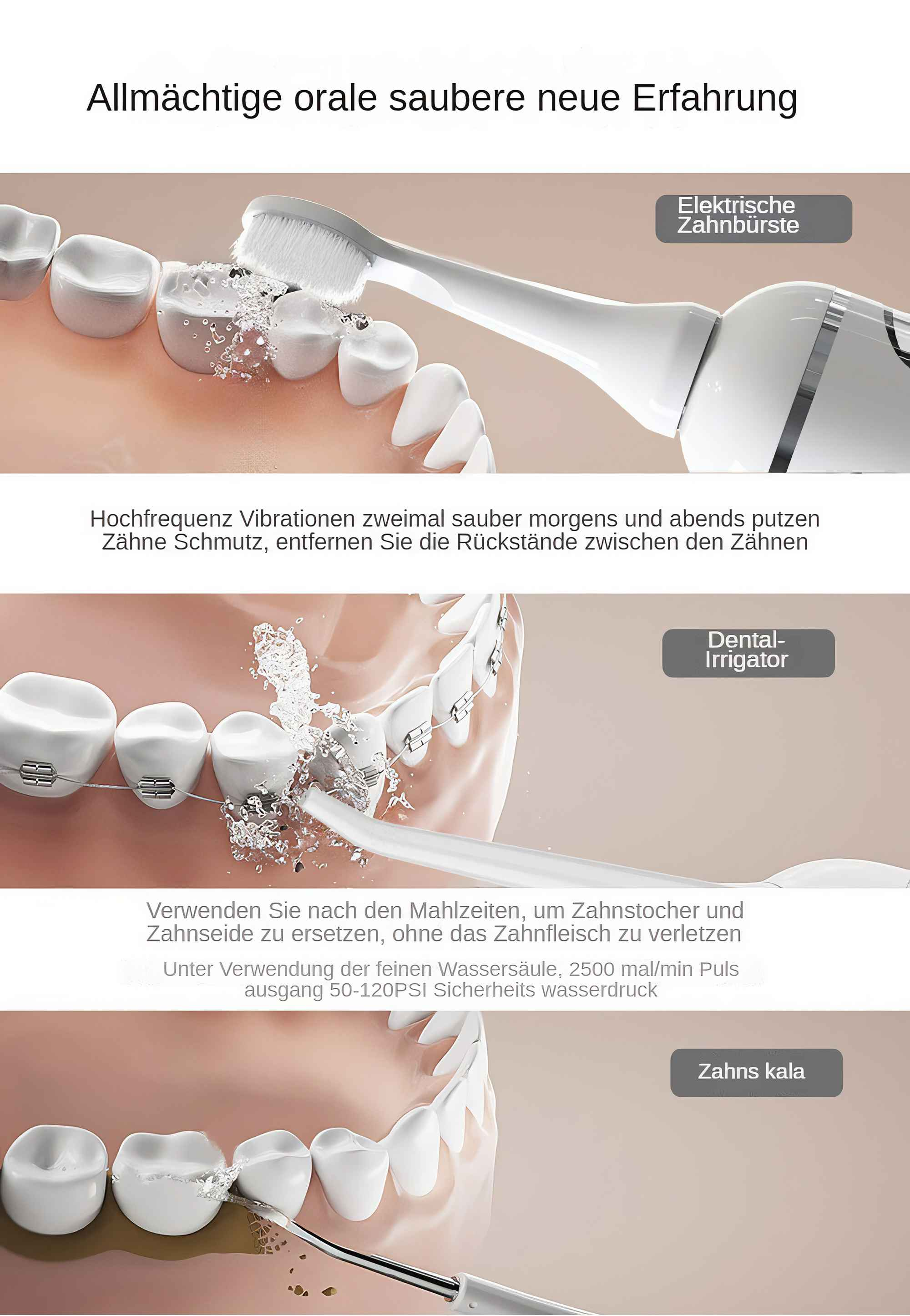 Eine Illustration, die Zähne zeigt, die mit einer elektrischen Zahnbürste, einem Wasserstrahler und anderen Dentalwerkzeugen gereinigt werden.