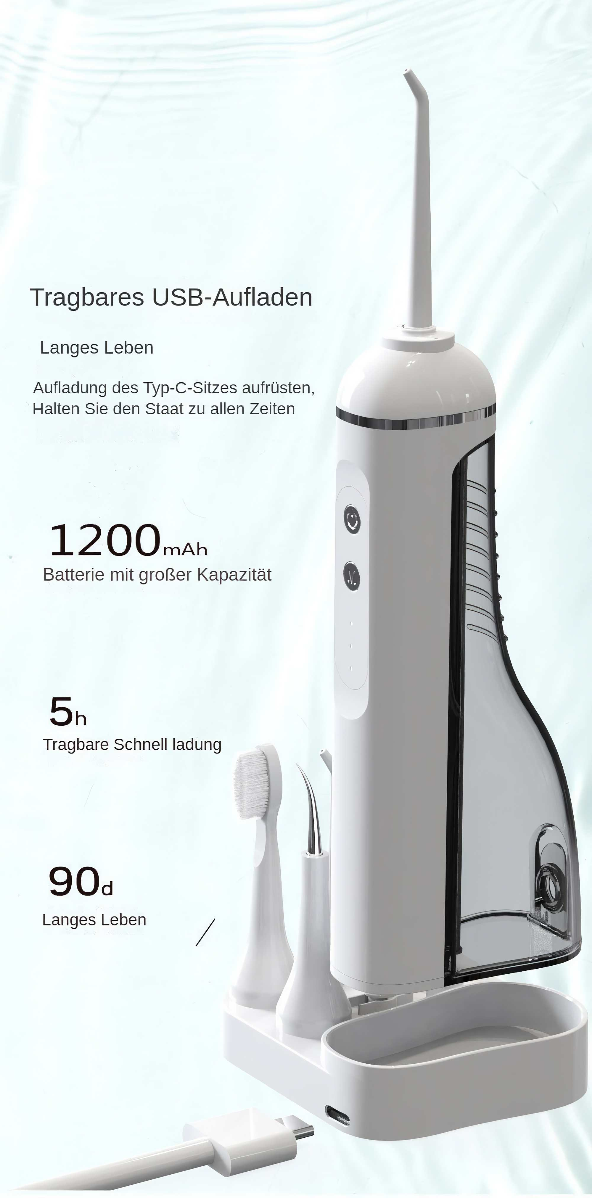 Ein weißes und transparentes Mundduschegerät. Es hat eine Ladestation, mehrere Bürstenköpfe und Text, der seine Funktionen beschreibt.