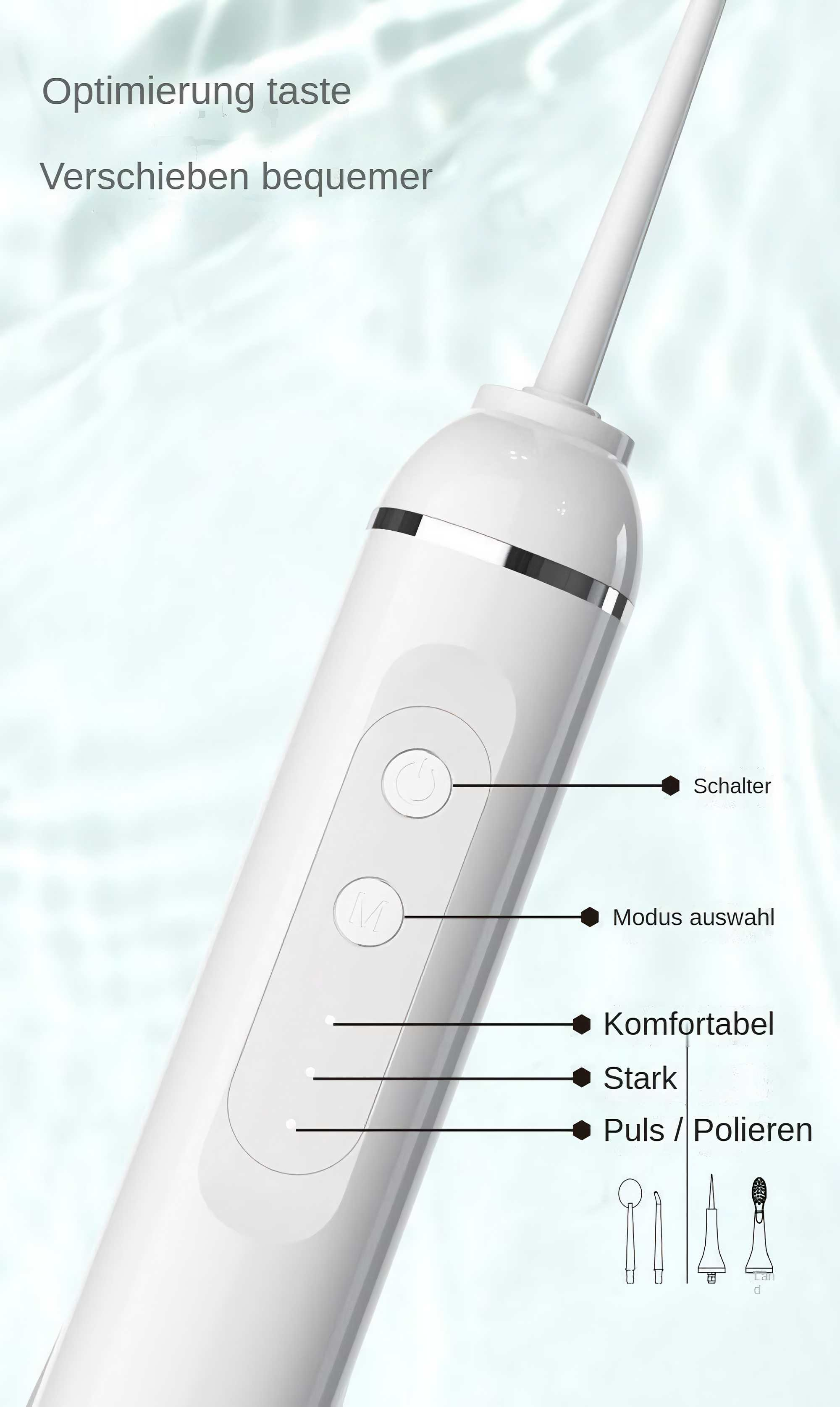 Ein weißer elektrischer Zahnreiniger mit Knöpfen und beschrifteten Funktionen. Er hat einen Ein-/Ausschalter und Intensitätseinstellungen.