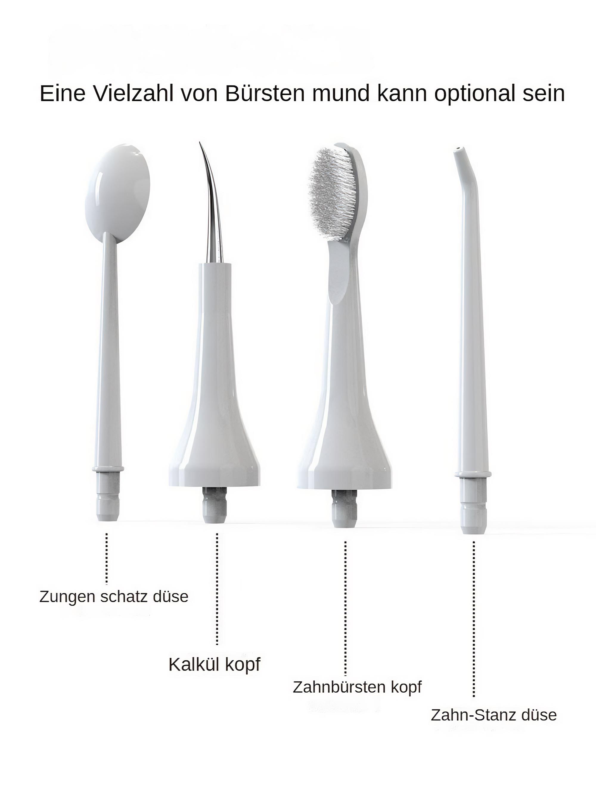 Vier weiße Mundhygiene-Werkzeuge werden angezeigt. Enthält Zungenreiniger, Scaler, Zahnbürstenkopf und eine Düse.
