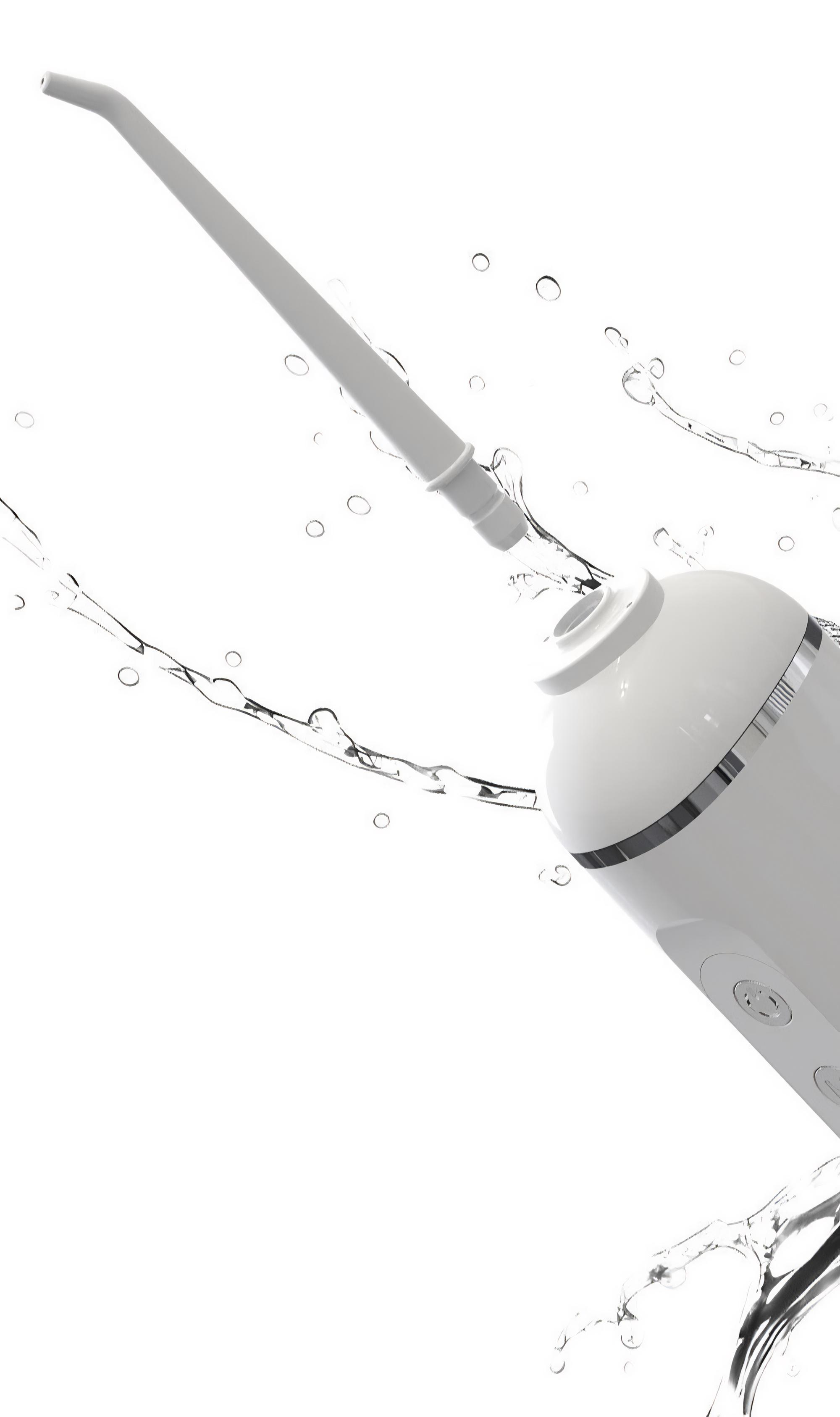 Ein weißer Wasserflosser mit Wasserspritzern. Das Gerät ist abgewinkelt, und Wassertröpfchen und -ströme sind vor weißem Hintergrund sichtbar.