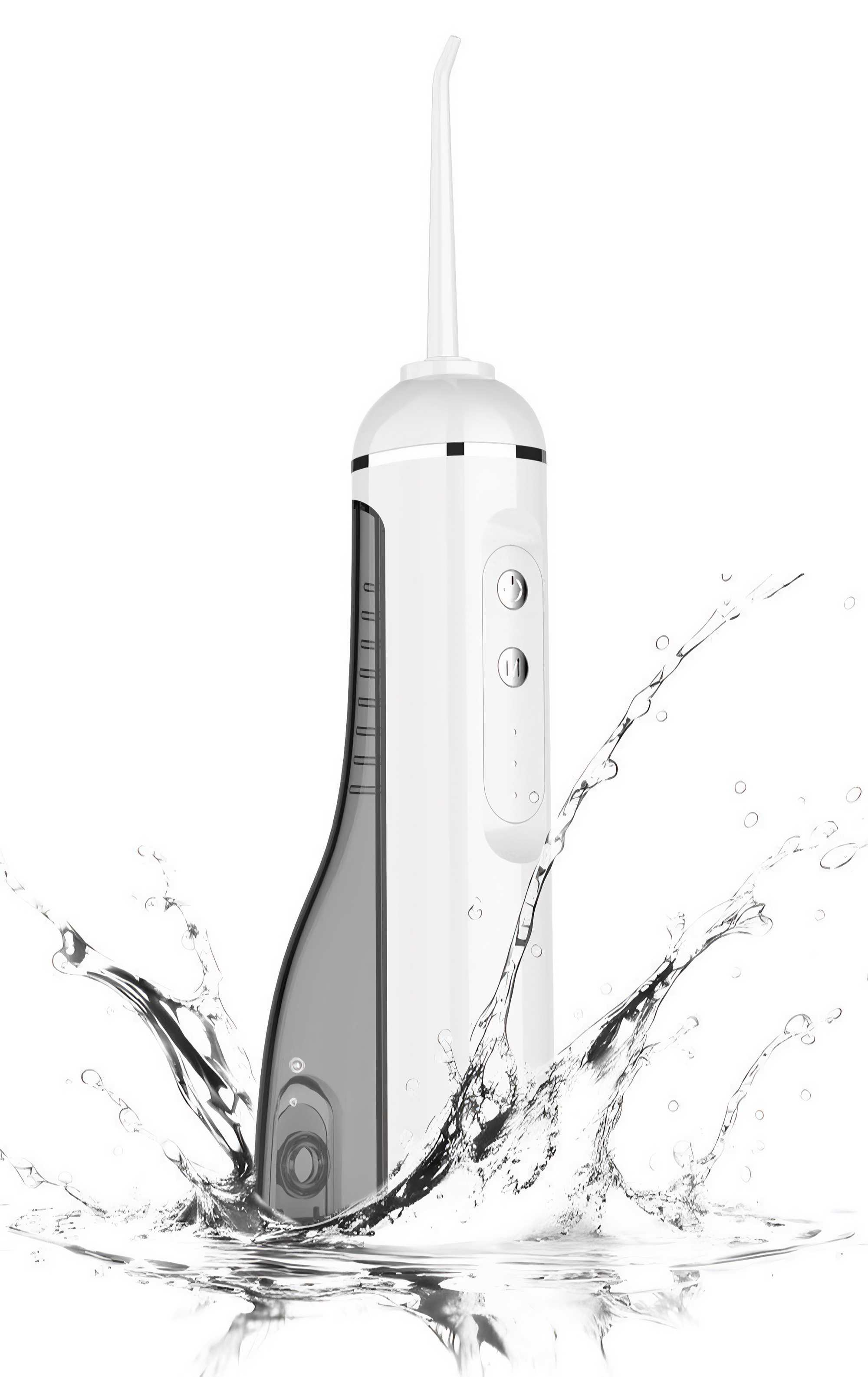 Ein weißes und graues Dental-Wasserstrahlgerät mit Wasserspritzern. Knöpfe sind auf dem Gerät sichtbar.