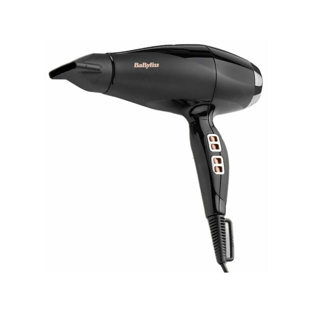 Un asciugacapelli nero BaByliss con ugello, manico con pulsanti e cavo di alimentazione, isolato su sfondo bianco.