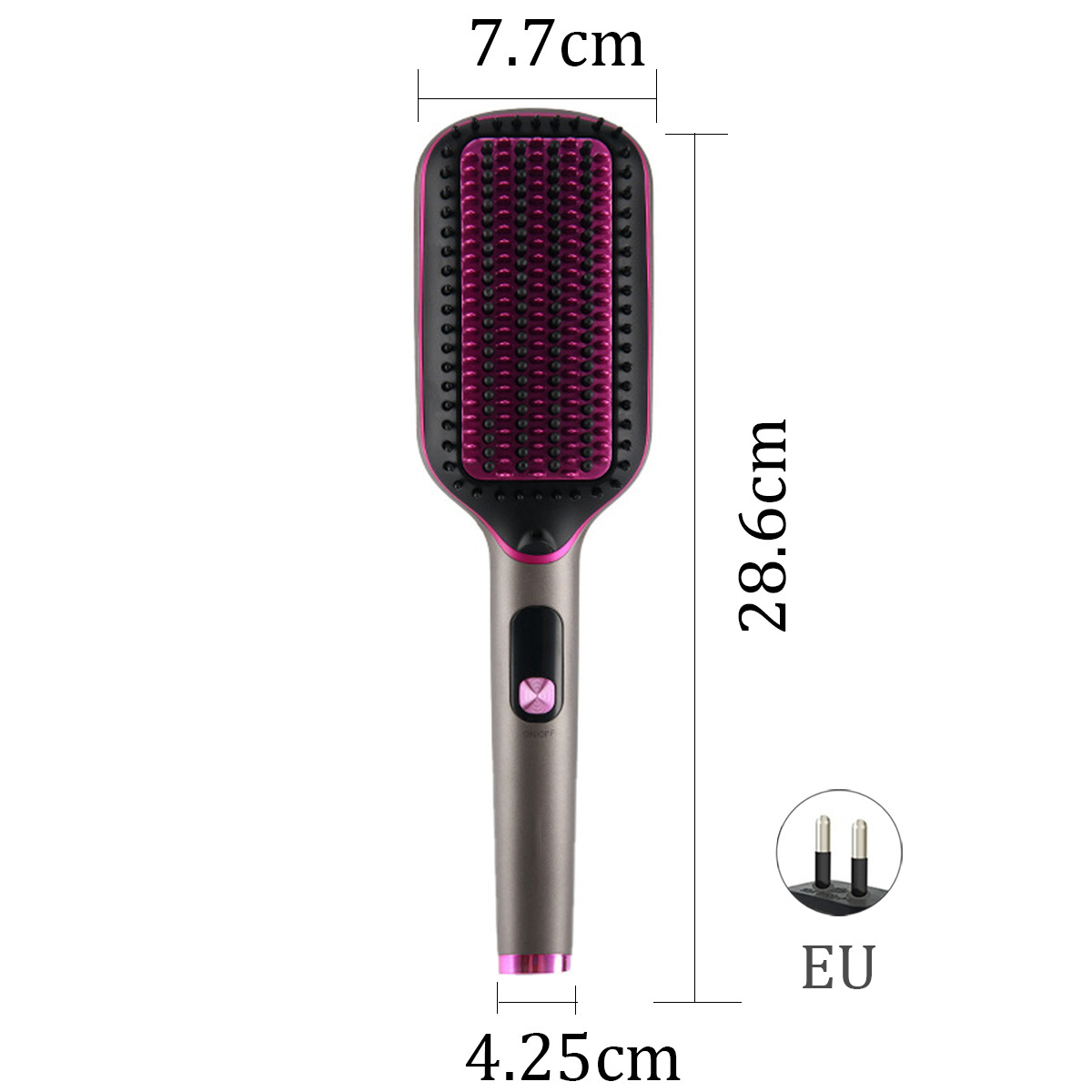 Eine Haarglättungsbürste, grau und schwarz mit rosa Borsten. Abmessungen: 7,7 cm breit, 28,6 cm lang und 4,25 cm Griffbreite. Ein EU-Steckersymbol ist vorhanden.