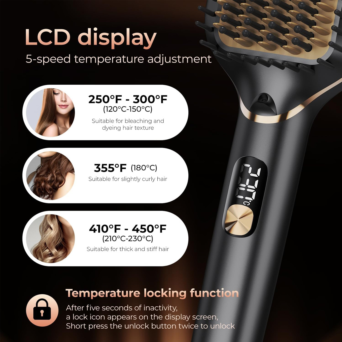 Ein Haarstyling-Tool mit LCD-Anzeige. Es zeigt Temperatureinstellungen für verschiedene Haartypen sowie eine Temperaturverriegelungsfunktion.