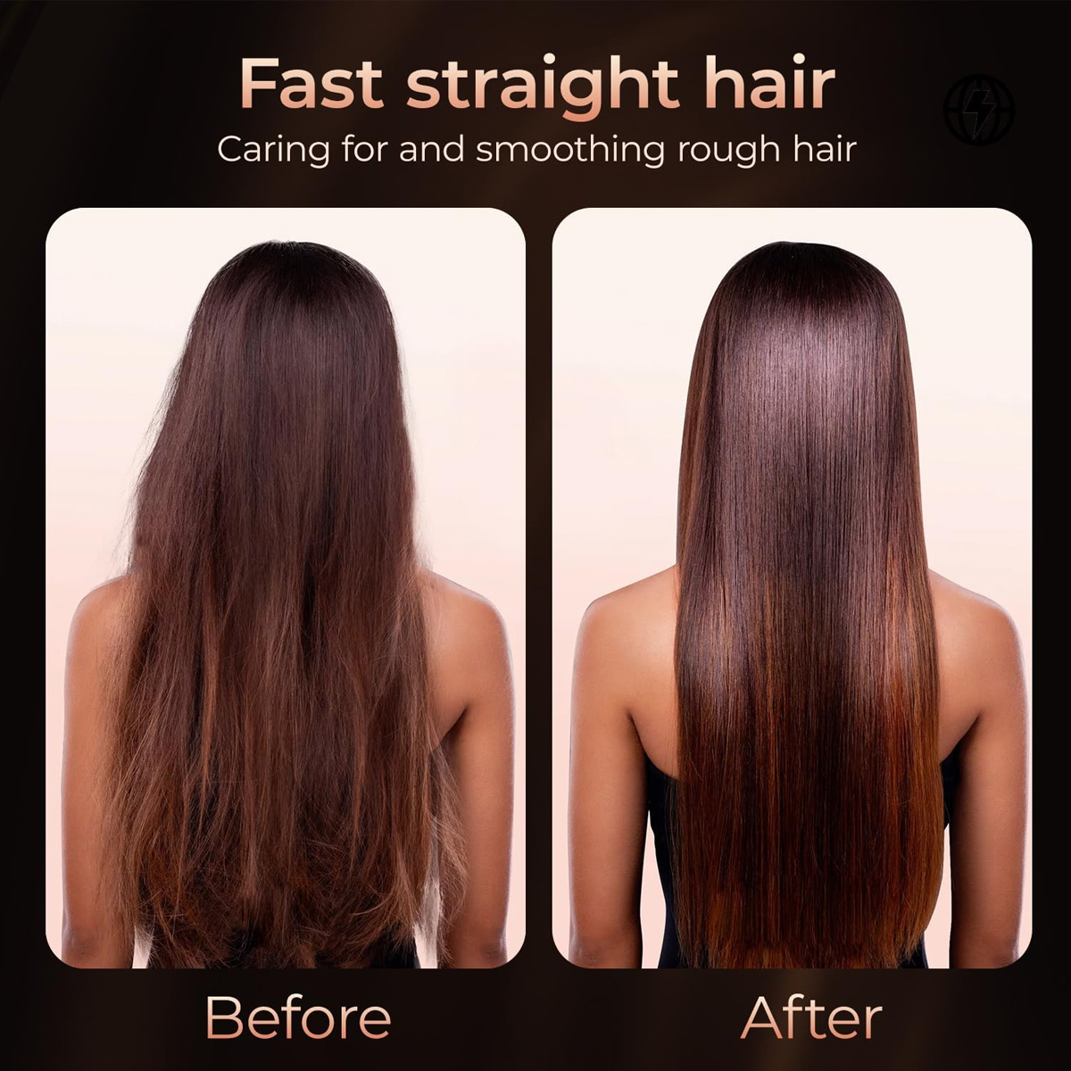 Das Bild zeigt Haare vor und nach dem Glätten. Vorher: raues, trockenes Haar. Nachher: glattes, glattes und glänzendes Haar. Text: Schnelles glattes Haar.