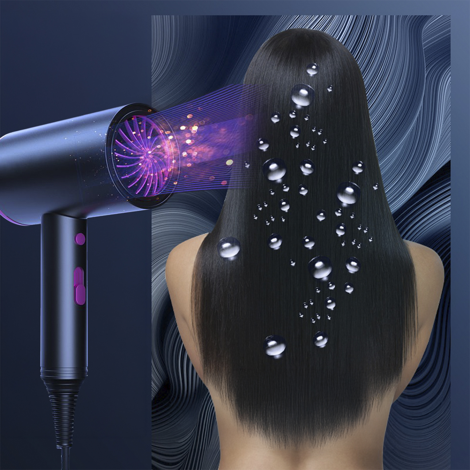 La schiena di una donna con lunghi capelli neri viene asciugata con un asciugacapelli. Goccioline d'acqua sono sui capelli. Lo sfondo è blu.