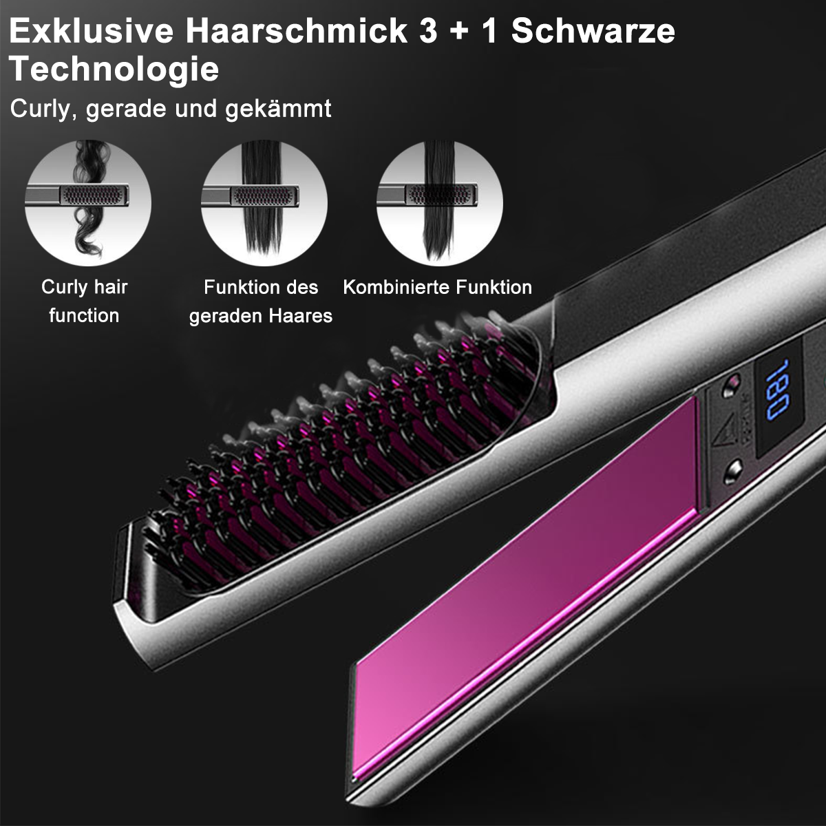 Ein Haarstyling-Tool mit drei Funktionsdiagrammen und einer Digitalanzeige mit 180. Das Werkzeug ist schwarz und silber mit einer rosa Platte.
