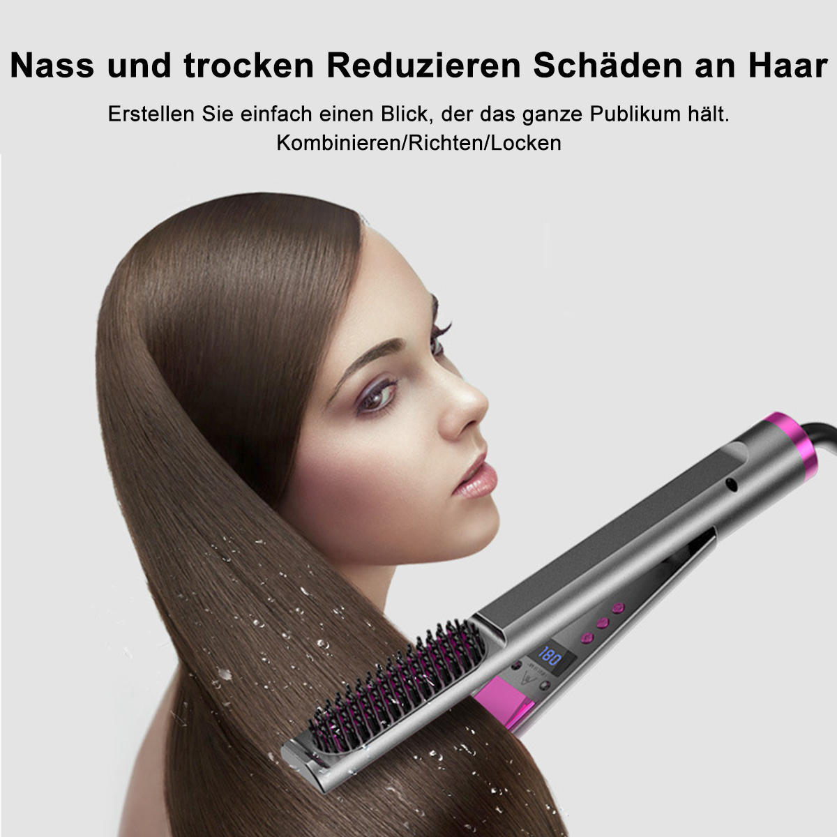 Eine Frau benutzt einen Haarglätter. Das Bild zeigt das Gesicht der Frau und eine Nahaufnahme des Glätteisens auf ihrem Haar.