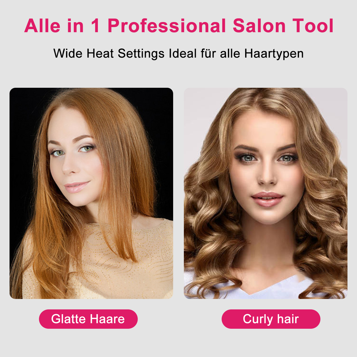 Das Bild zeigt zwei Frauen mit unterschiedlichen Frisuren, eine mit glattem Haar und die andere mit lockigem Haar.