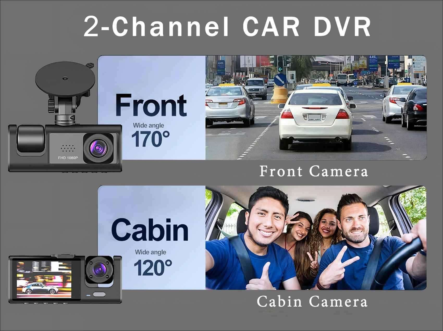Das Bild zeigt einen 2-Kanal-Auto-DVR mit Front- und Kabinenkameraansichten. Frontkamera zeigt Autos auf der Straße, Kabinenkamera zeigt lächelnde Menschen.