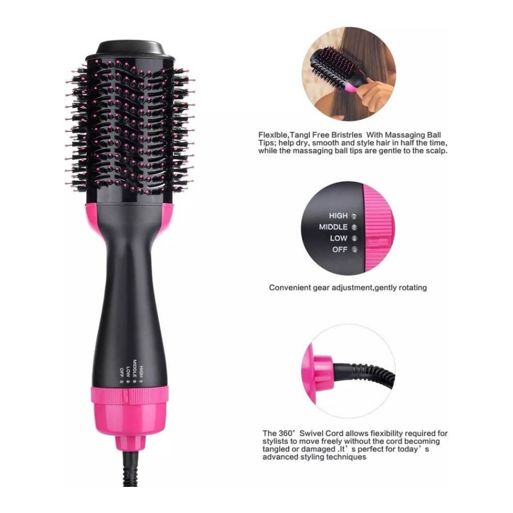 Ein schwarzer und rosa Haarstyler. Er hat einen runden Bürstenkopf mit Borsten. Ein Diagramm zeigt die Einstellungen: Hoch, Mittel, Niedrig, Aus.