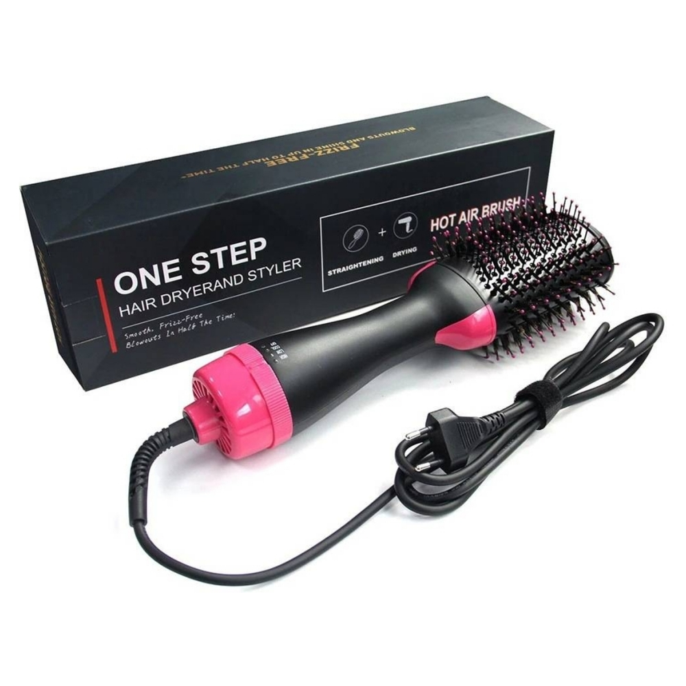 Ein schwarzer und pinkfarbener Haarstyler mit Bürstenkopf, Netzkabel und einer schwarzen Box mit der Aufschrift 'One Step Hair Dryer and Styler'.