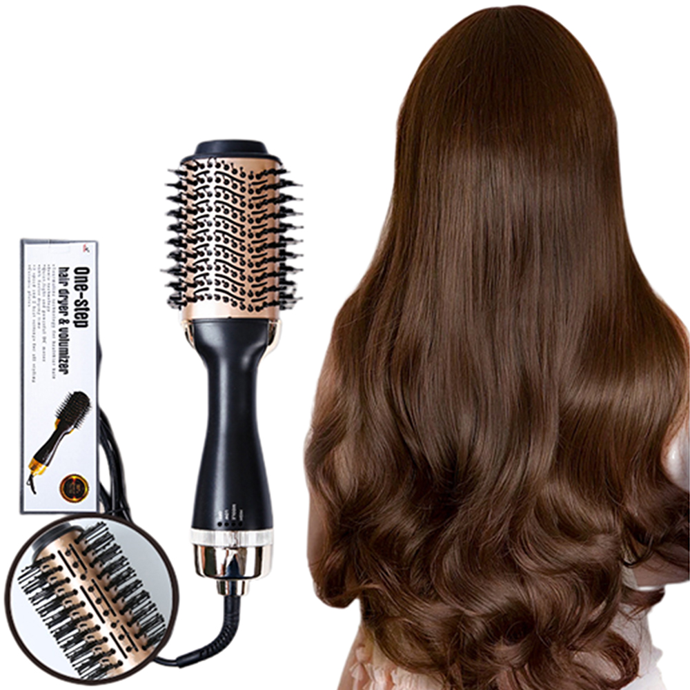 Ein Haartrockner und Volumengeber neben einer Frau mit langen, braunen, welligen Haaren. Der Trockner ist schwarz und goldfarben. Links ist eine Box.
