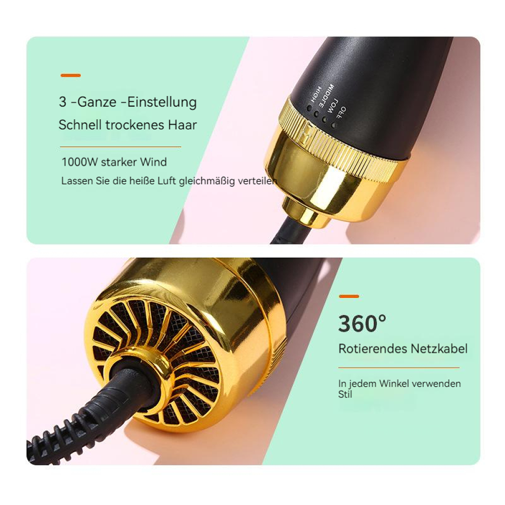 Nahaufnahme eines schwarzen und goldenen Haartrockners. Er hat Einstellungen für hoch, breit und niedrig. Text erwähnt 1000W Wind und 360° drehbares Kabel.