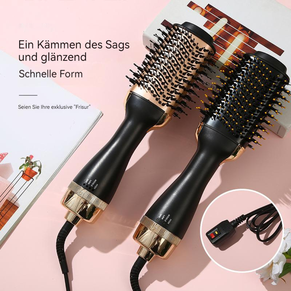 Zwei schwarze und goldene Haarstyling-Bürsten auf rosa Oberfläche. Text auf Deutsch sichtbar. Ein Netzkabel und eine Blume sind im Bild.