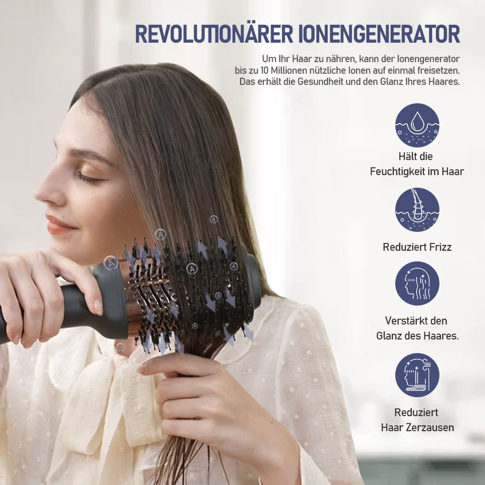 Eine Frau benutzt einen Föhn. Text beschreibt Vorteile für das Haar: Feuchtigkeit, weniger Frizz, mehr Glanz. Deutscher Text ist ebenfalls vorhanden.